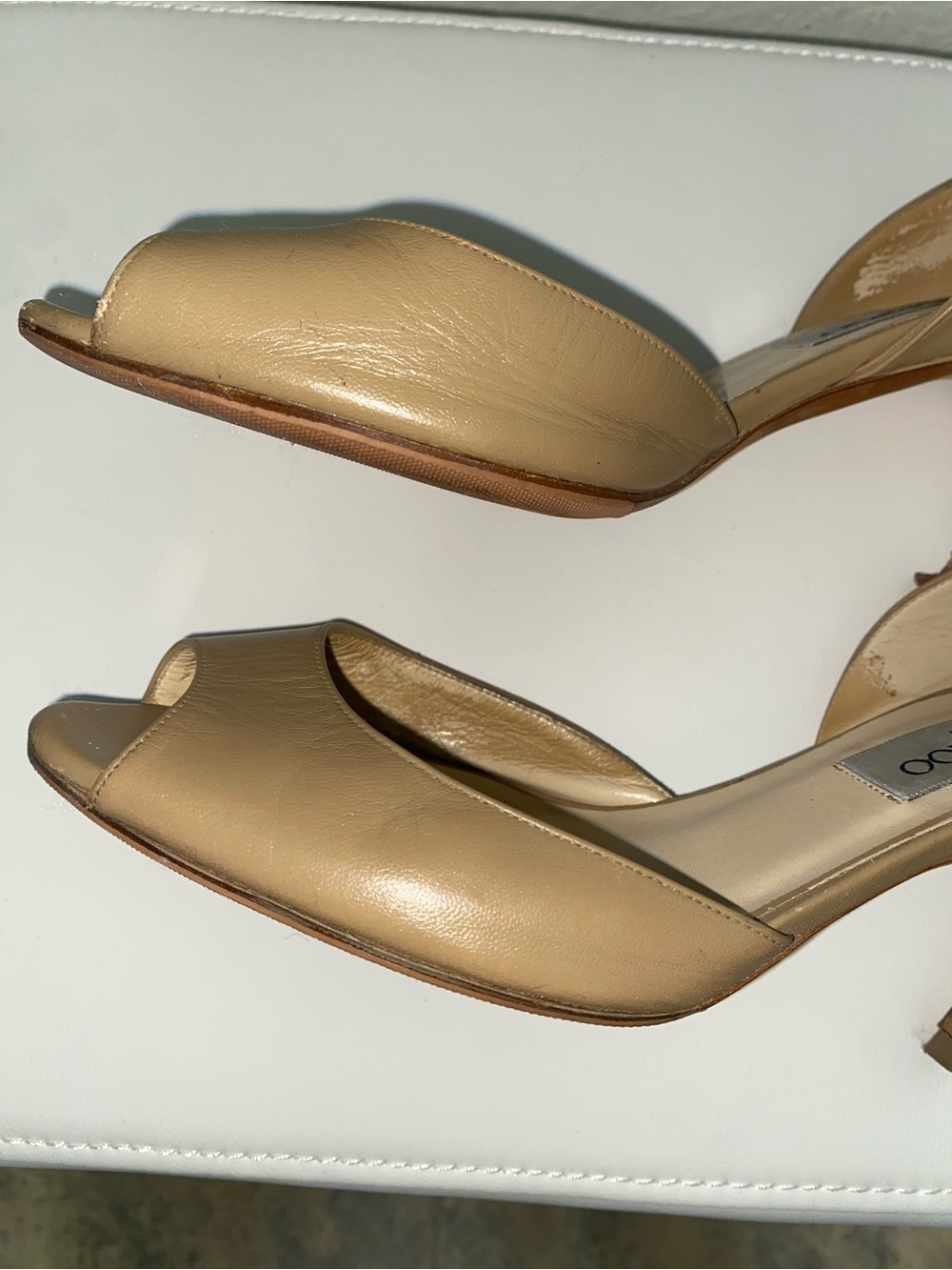 Jimmy Choo Logan Beige Leather Peep-Toe Pumps Sz 36.5/6.5 DAMAGED HEEL PROJECT - Picture 7 of 14
